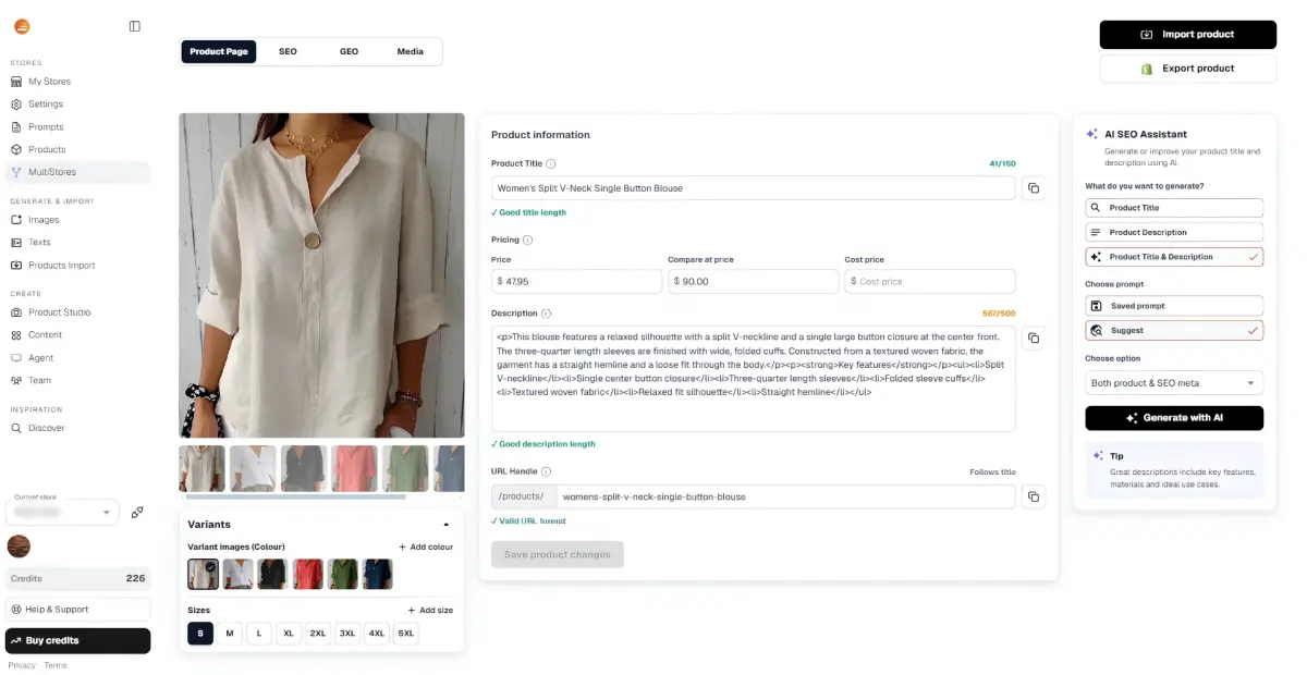 Lystr AI product listing workspace
